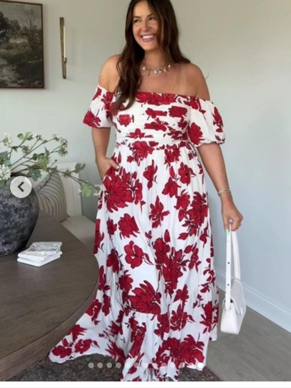 Abercrombie & Fitch Emerson Off Shoulder Maxi Dress In Red and White Botanical - Picture 3 of 16